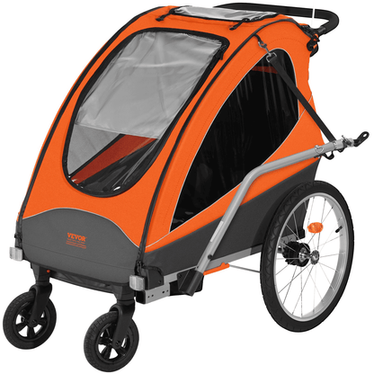 Bike Trailer for Toddlers, Kids, Double Seat, 100 lbs Load, 2-In-1 Canopy Carrier Converts to Stroller, Tow Behind Foldable Child Bicycle Trailer with Universal Bicycle Coupler, Orange and Gray