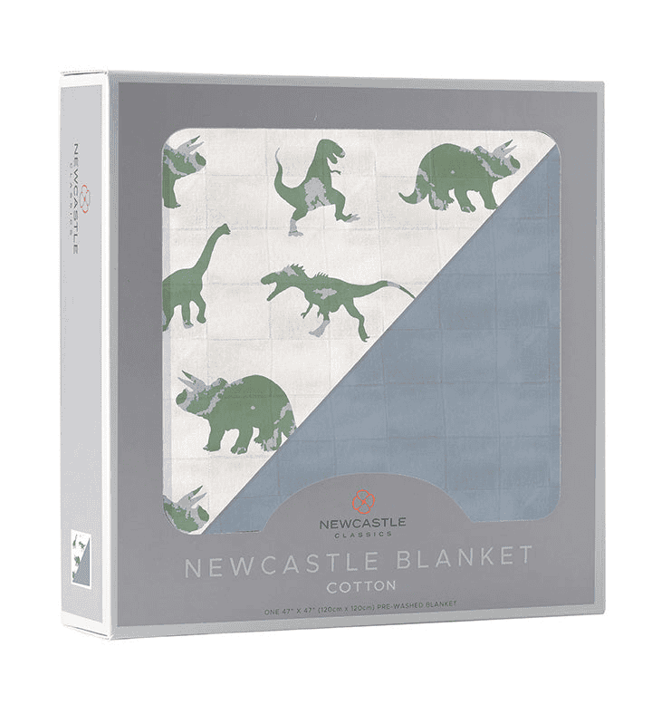 Granite Green Dinosaurs and Blue Fog Cotton Newcastle Blanket