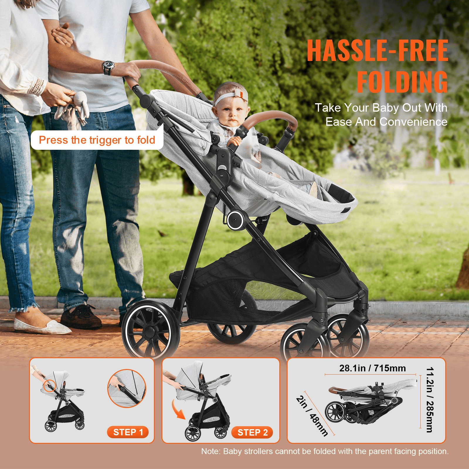 Standard Baby Stroller, Infant Toddler Stroller with Bassinet, 3rd-Gear Adjustable Backrest & Foldable & Reversible Seat, Carbon Steel Newborn Stroller with Leg Cover and Mesh Net, Light Grey