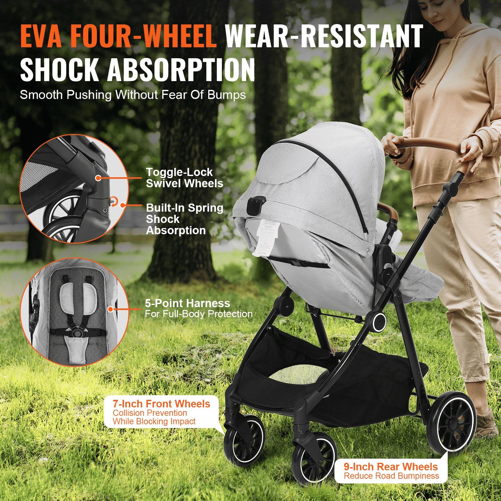 Standard Baby Stroller, Infant Toddler Stroller with Bassinet, 3rd-Gear Adjustable Backrest & Foldable & Reversible Seat, Carbon Steel Newborn Stroller with Leg Cover and Mesh Net, Light Grey