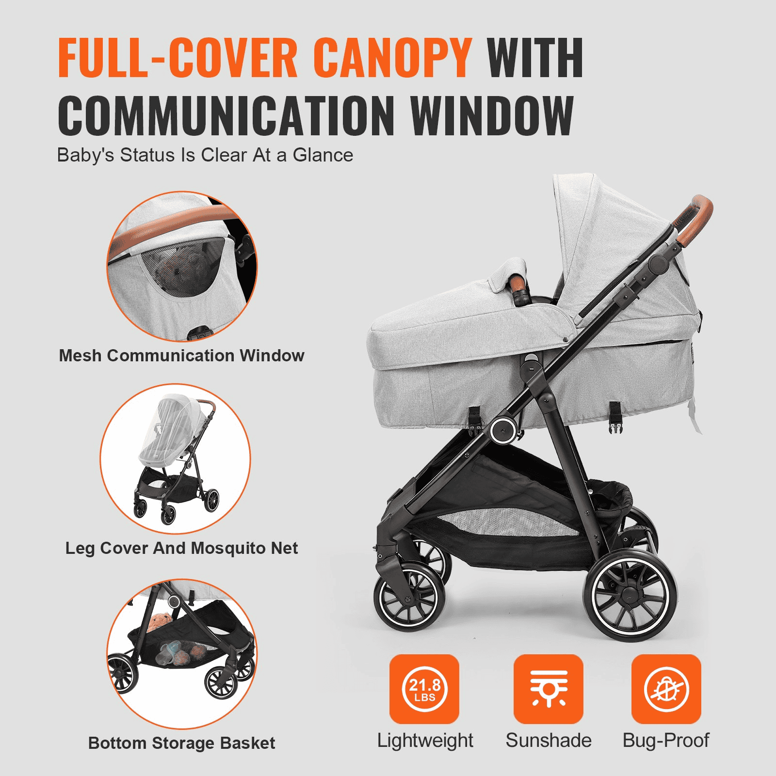 Standard Baby Stroller, Infant Toddler Stroller with Bassinet, 3rd-Gear Adjustable Backrest & Foldable & Reversible Seat, Carbon Steel Newborn Stroller with Leg Cover and Mesh Net, Light Grey