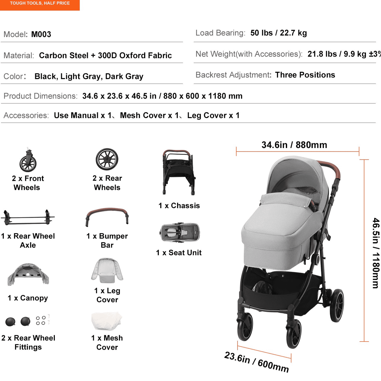 Standard Baby Stroller, Infant Toddler Stroller with Bassinet, 3rd-Gear Adjustable Backrest & Foldable & Reversible Seat, Carbon Steel Newborn Stroller with Leg Cover and Mesh Net, Light Grey