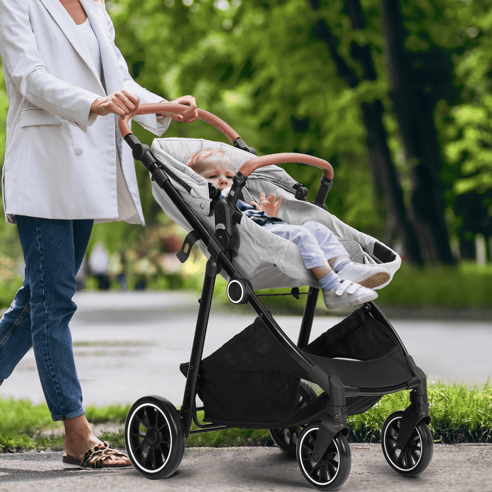 Standard Baby Stroller, Infant Toddler Stroller with Bassinet, 3rd-Gear Adjustable Backrest & Foldable & Reversible Seat, Carbon Steel Newborn Stroller with Leg Cover and Mesh Net, Light Grey