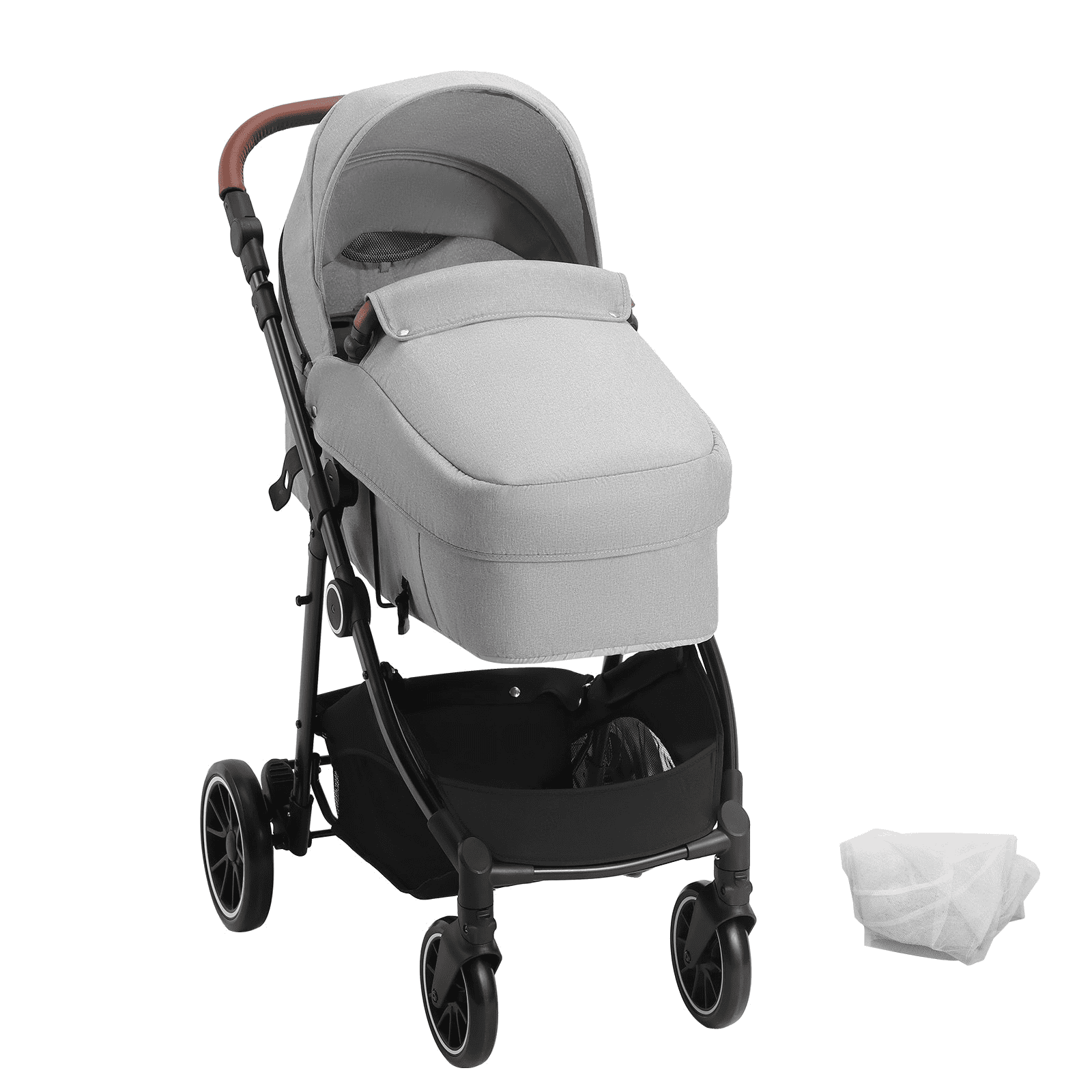 Standard Baby Stroller, Infant Toddler Stroller with Bassinet, 3rd-Gear Adjustable Backrest & Foldable & Reversible Seat, Carbon Steel Newborn Stroller with Leg Cover and Mesh Net, Light Grey