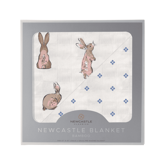 Powder Pink Bunnies and Periwinkle Diamond Polka Dot Bamboo Newcastle Blanket