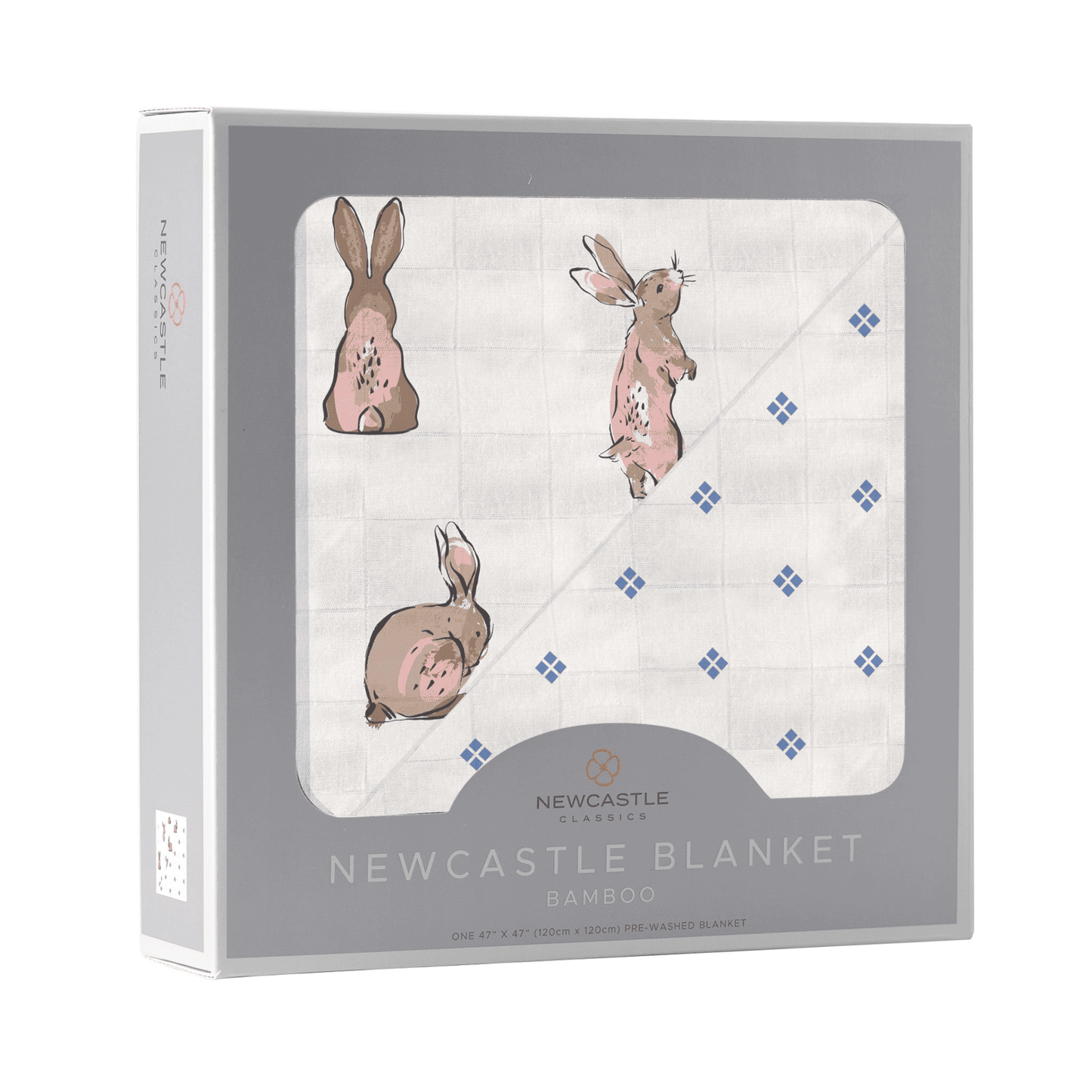 Powder Pink Bunnies and Periwinkle Diamond Polka Dot Bamboo Newcastle Blanket