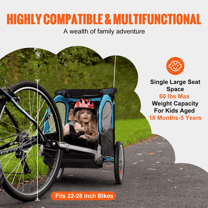 VEVOR Bike Trailer for Toddlers, Kids, 60 lbs Load, Tow Behind Foldable Child Bicycle Trailer with Universal Bicycle Coupler, Canopy Carrier with Strong Carbon Steel Frame for Children, Blue and Gray