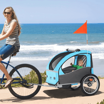 VEVOR Bike Trailer for Toddlers, Kids, 60 lbs Load, Tow Behind Foldable Child Bicycle Trailer with Universal Bicycle Coupler, Canopy Carrier with Strong Carbon Steel Frame for Children, Blue and Gray