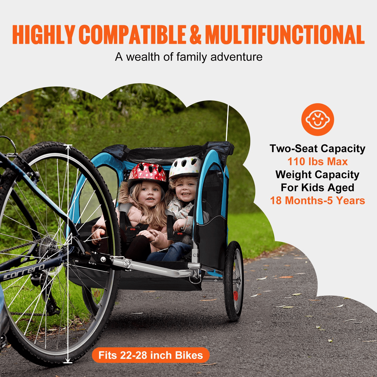 VEVOR Bike Trailer for Toddlers, Kids, Double Seat, 110 lbs Load, Tow Behind Foldable Child Bicycle Trailer with Universal Bicycle Coupler, Canopy Carrier with Strong Carbon Steel Frame, Blue and Gray