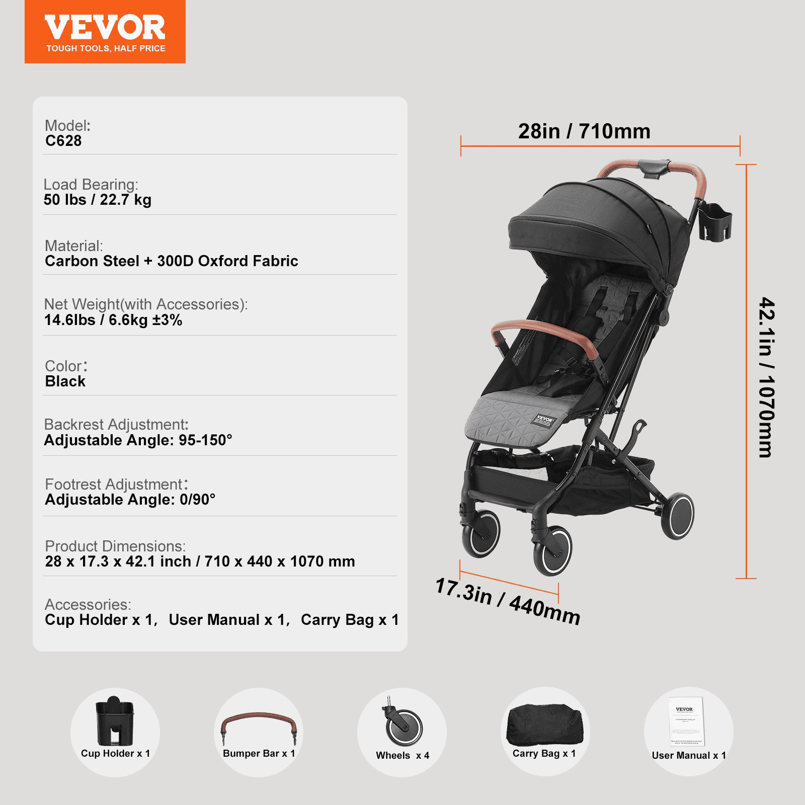 VEVOR Standard Baby Infant Stroller, Toddler Stroller with 95°-150° Adjustable Backrest & & 0/90°Adjustable Footrest & One-click Folding, Newborn Stroller with Cup Holder and Carry Bag, Black