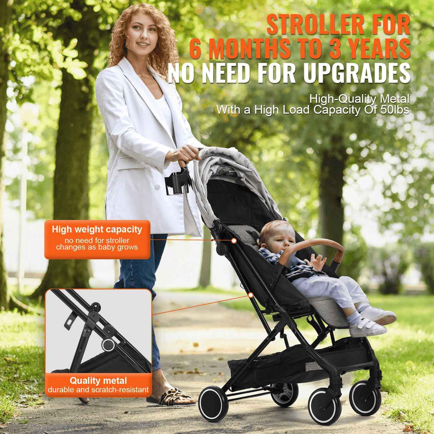 Standard Baby Infant Stroller, Toddler Stroller with 95°-150° Adjustable Backrest & & 0/90°Adjustable Footrest & One-click Folding, Newborn Stroller with Cup Holder and Carry Bag, Light Grey