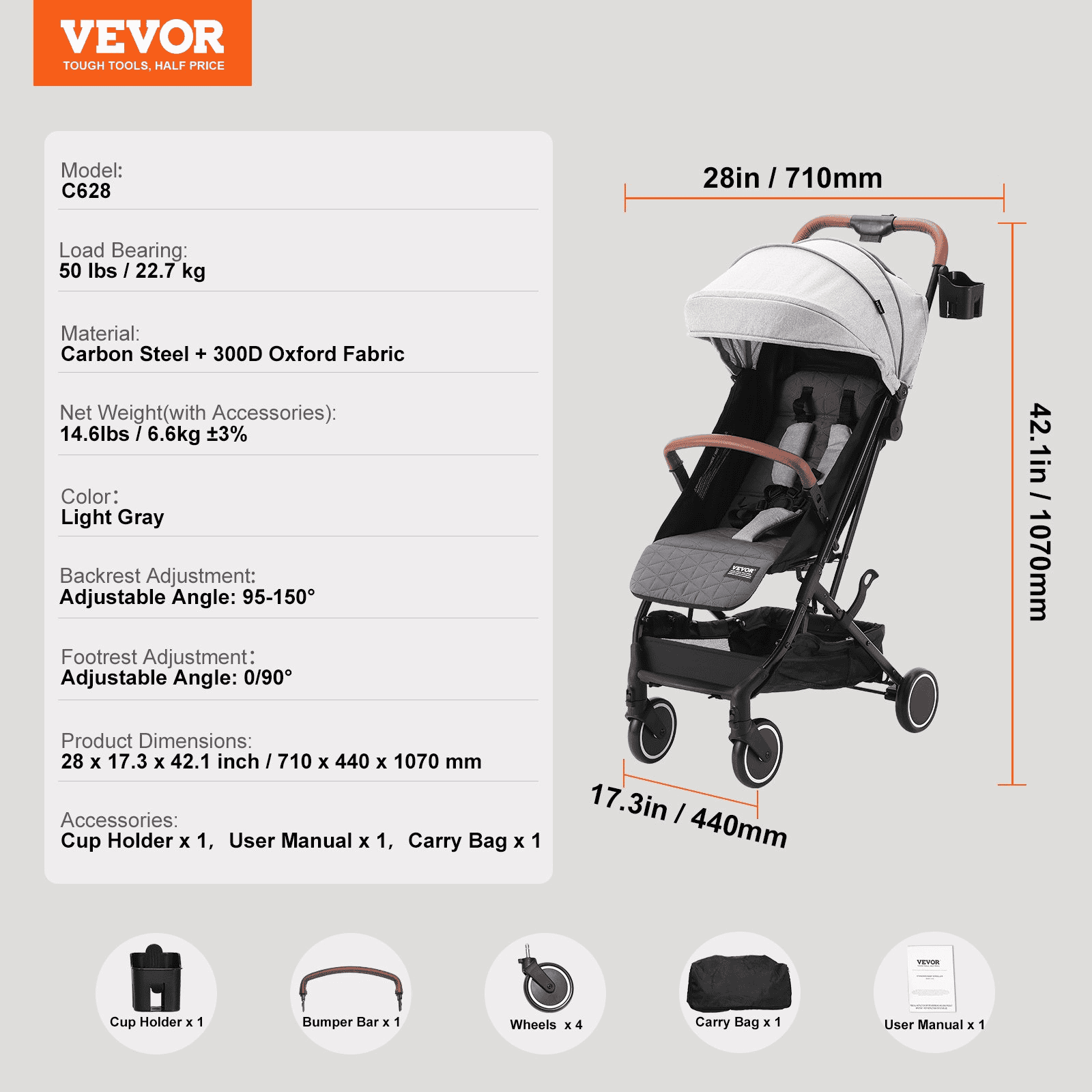 Standard Baby Infant Stroller, Toddler Stroller with 95°-150° Adjustable Backrest & & 0/90°Adjustable Footrest & One-click Folding, Newborn Stroller with Cup Holder and Carry Bag, Light Grey