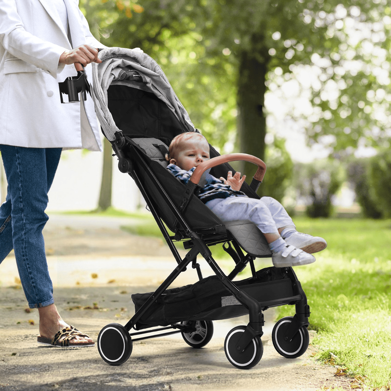 Standard Baby Infant Stroller, Toddler Stroller with 95°-150° Adjustable Backrest & & 0/90°Adjustable Footrest & One-click Folding, Newborn Stroller with Cup Holder and Carry Bag, Light Grey