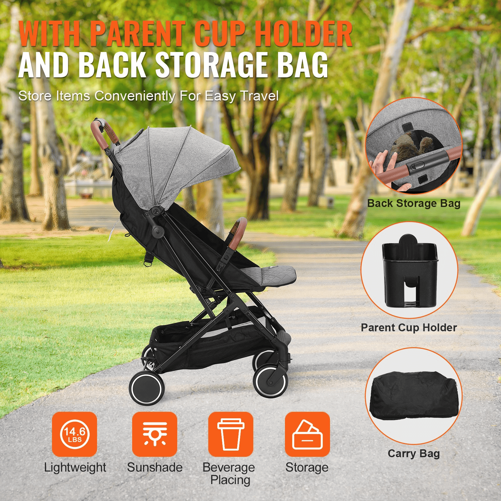 Standard Baby Infant Stroller, Toddler Stroller with 95°-150° Adjustable Backrest & & 0/90°Adjustable Footrest & One-click Folding, Newborn Stroller with Cup Holder and Carry Bag, Dark Grey