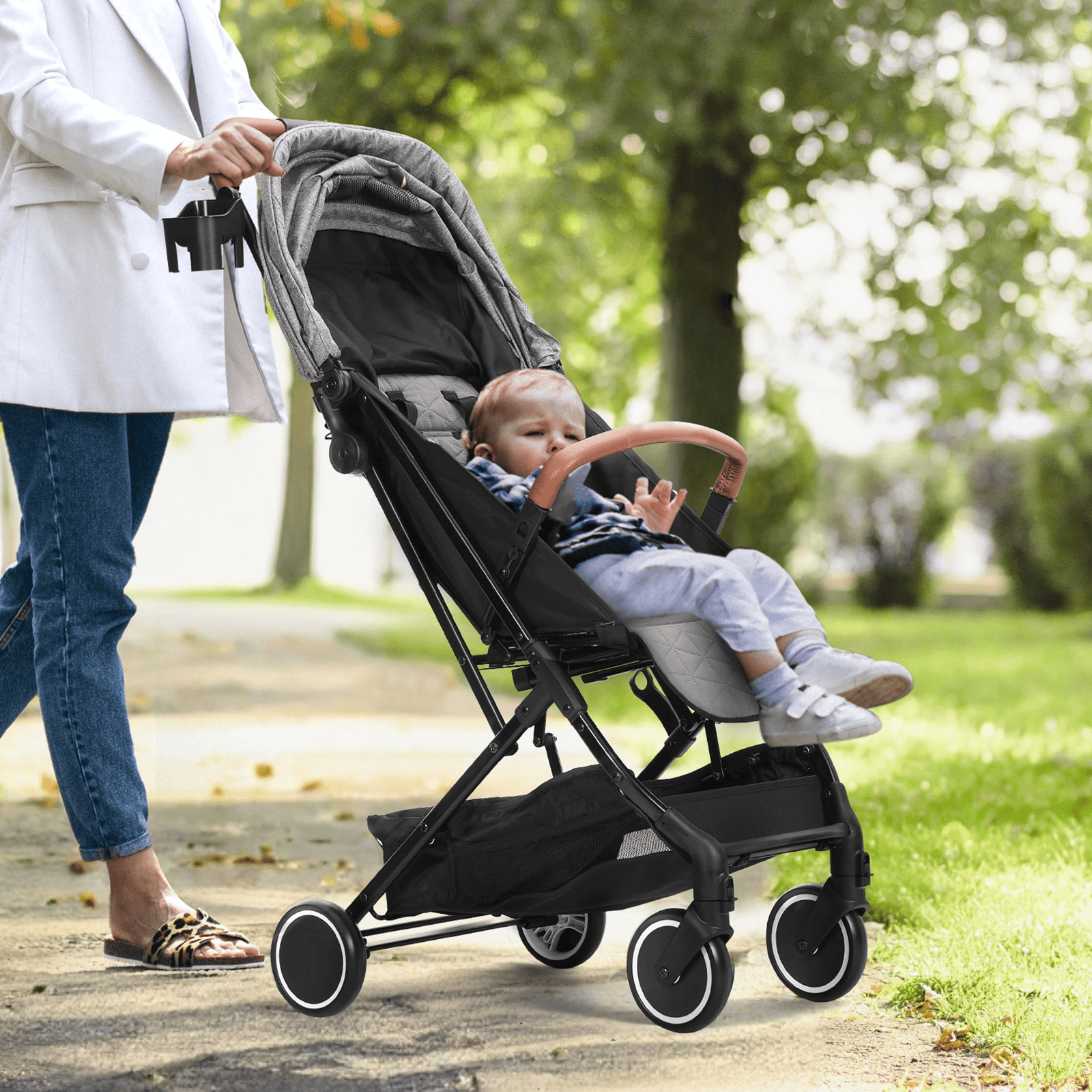 Standard Baby Infant Stroller, Toddler Stroller with 95°-150° Adjustable Backrest & & 0/90°Adjustable Footrest & One-click Folding, Newborn Stroller with Cup Holder and Carry Bag, Dark Grey