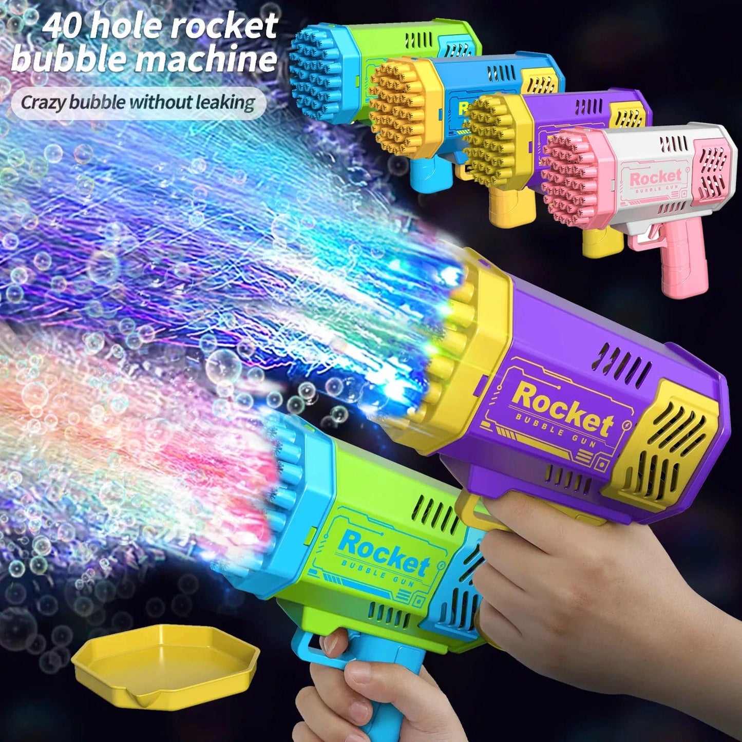 40 Holes Electric Rocket Bubble Machine Handheld Automatic Space Light Bubble Gun Kids Outdoor Battle Toys without Bubble Water