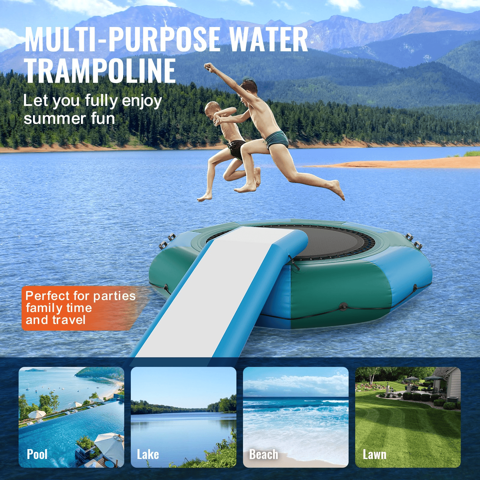 VEVOR Inflatable Water Bouncer, 10ft Recreational Water Trampoline, Portable Bounce Swim Platform with Slide, 3-Step Ladder & Electric Air Pump, Kid Adult Floating Rebounder for Pool Lake Water Sports