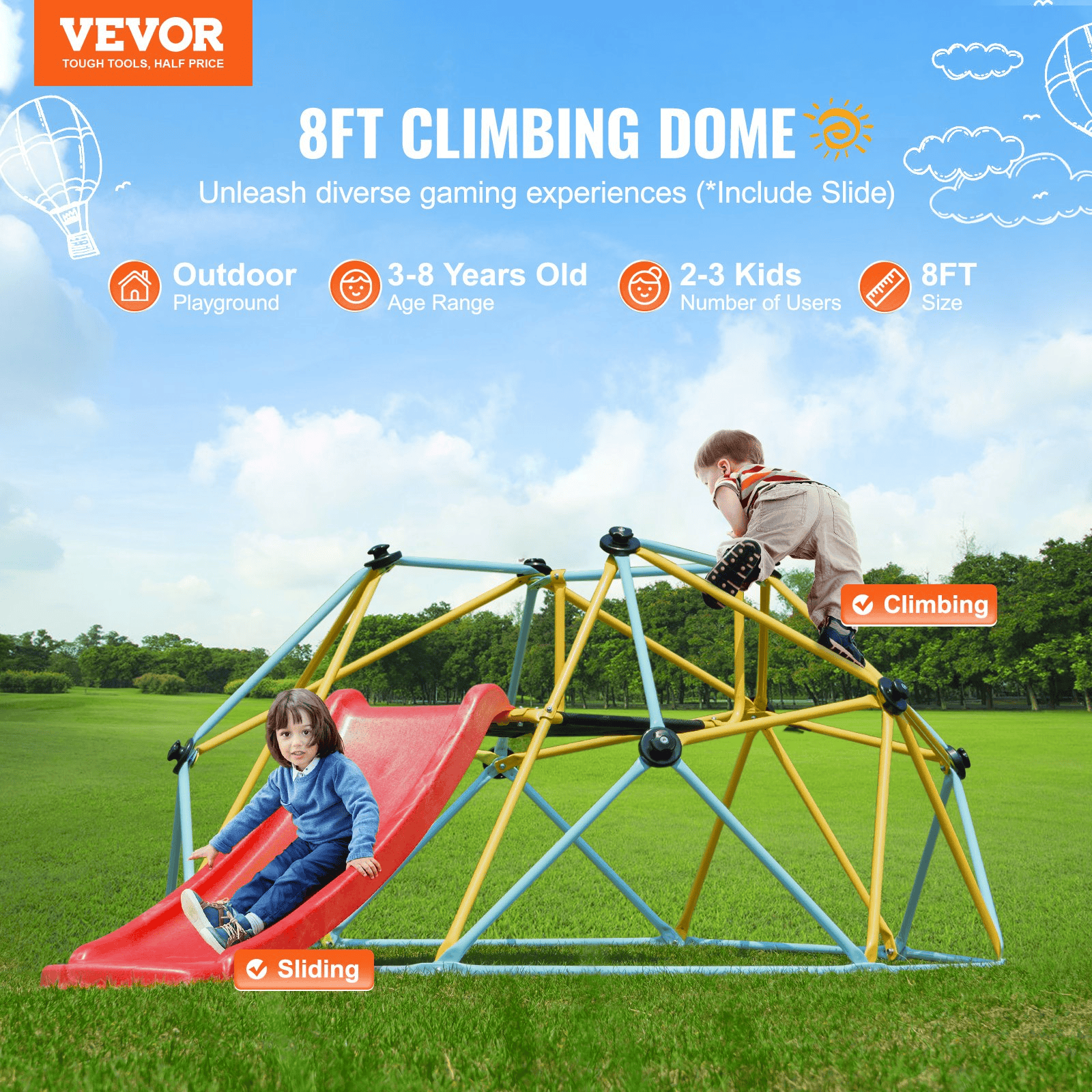 VEVOR Climbing Dome, for Kids 3 to 9 Years Old, 8FT Geometric Dome Climber with Slide,Jungle Gym Supports 600LBS and Easy Assembly, with Climbing Grip, Outdoor and Indoor Play Equipment for Kids