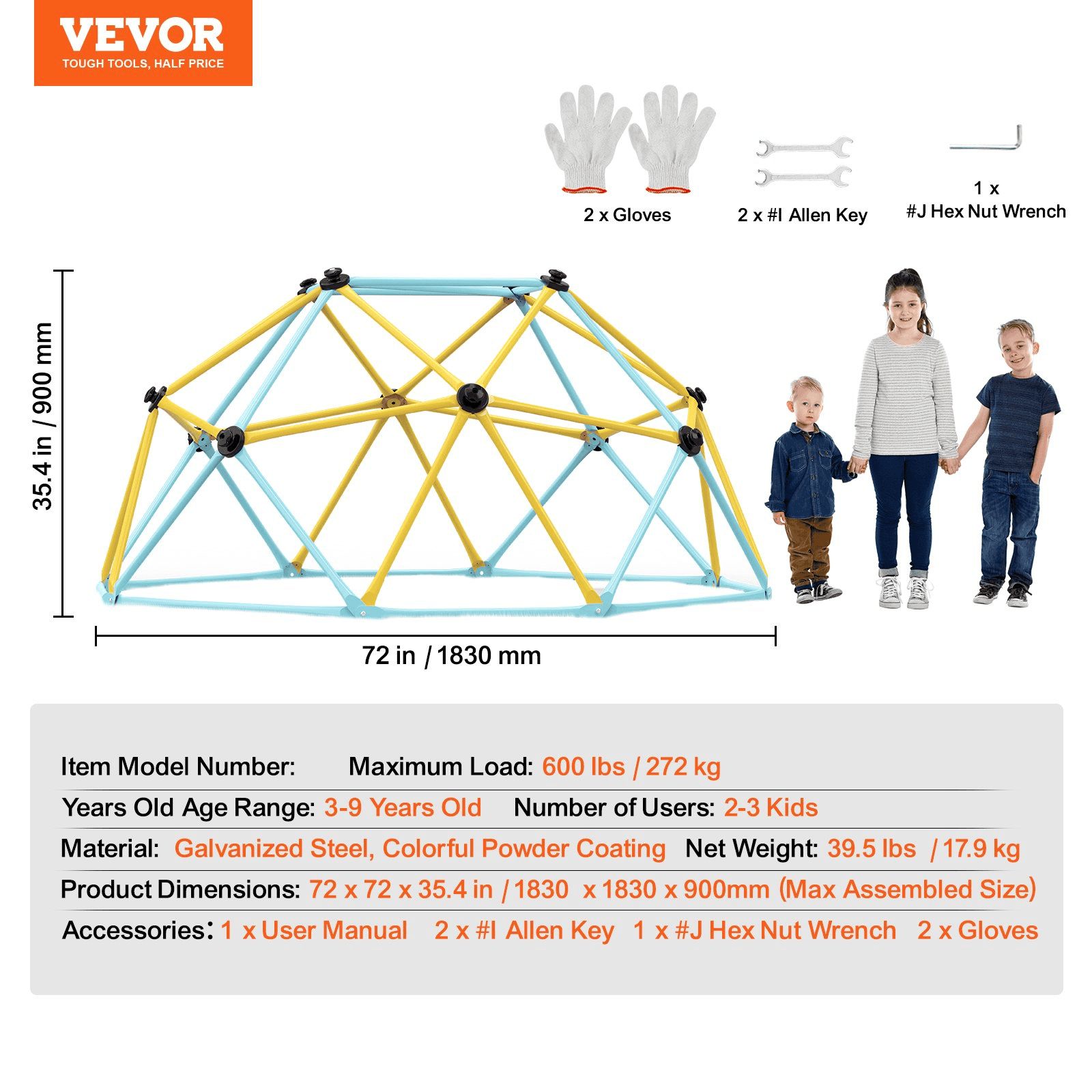 VEVOR Climbing Dome, Jungle Gym Supports 600LBS and Easy Assembly, 6FT Geometric Dome Climber Play Center for Kids 3 to 9 Years Old, with Climbing Grip, Outdoor and Indoor Play Equipment for Kids