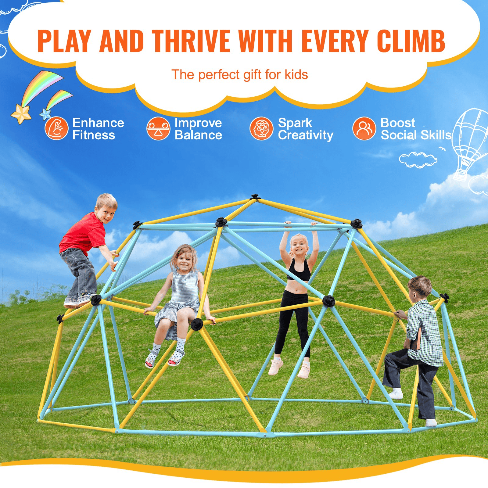 VEVOR Climbing Dome,Jungle Gym Supports 750LBS and Easy Assembly, 12FT Geometric Dome Climber Play Center for Kids 3 to 10 Years Old, with Climbing Grip, Outdoor Backyard Play Equipment for Kids