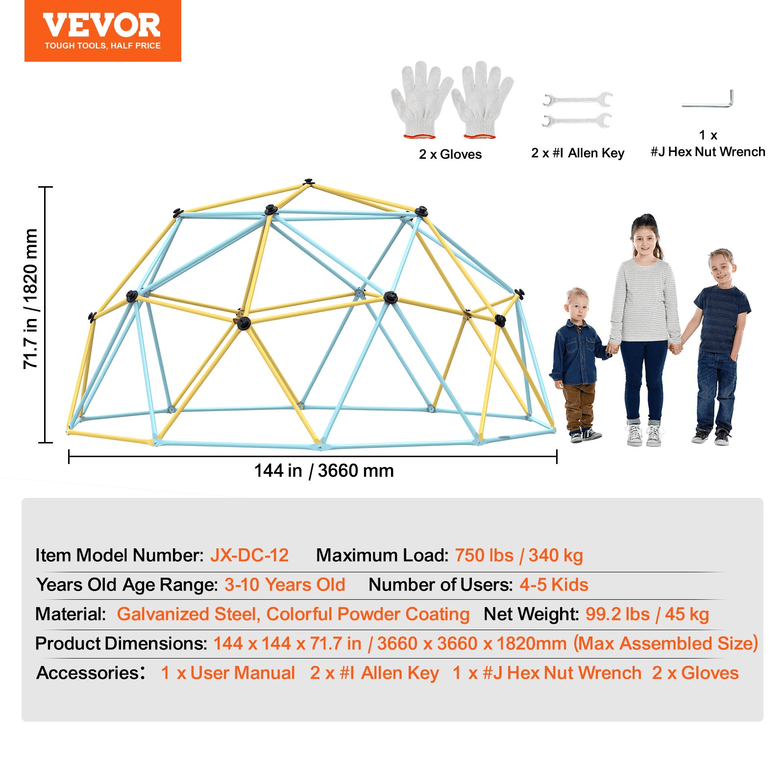 VEVOR Climbing Dome,Jungle Gym Supports 750LBS and Easy Assembly, 12FT Geometric Dome Climber Play Center for Kids 3 to 10 Years Old, with Climbing Grip, Outdoor Backyard Play Equipment for Kids