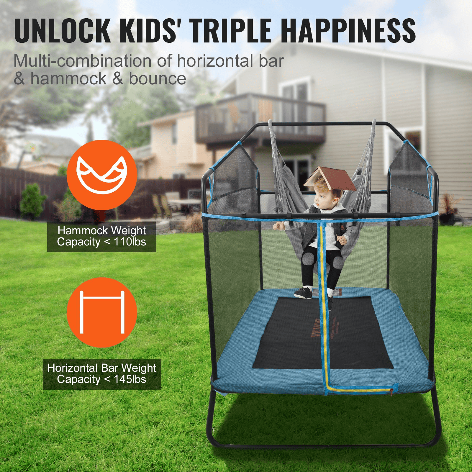 VEVOR 6FT Trampoline for Kids, 72" Indoor/Outdoor Toddlers Trampoline, Mini Baby Trampoline with Safety Enclosure Net, Gymnastics Bar, Hammock, Recreational Trampoline Birthday Gift for 3+ Years Kids