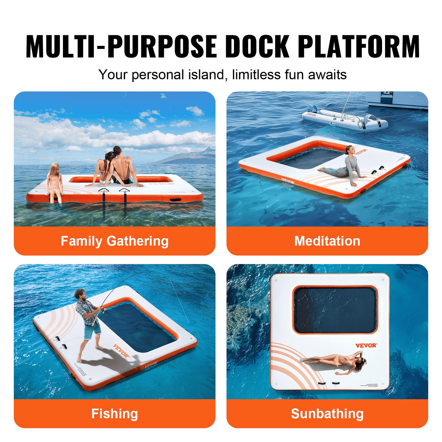 VEVOR Inflatable Floating Dock, 10x10FT Inflatable Dock Platform with 4*7FT Trampoline Mesh Pool, Non-Slip Floating Platform Water Mat with Portable Bag & Detachable Ladder for Pool Beach Relaxation