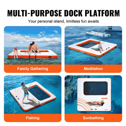 VEVOR Inflatable Floating Dock, 10x10FT Inflatable Dock Platform with 4*7FT Trampoline Mesh Pool, Non-Slip Floating Platform Water Mat with Portable Bag & Detachable Ladder for Pool Beach Relaxation