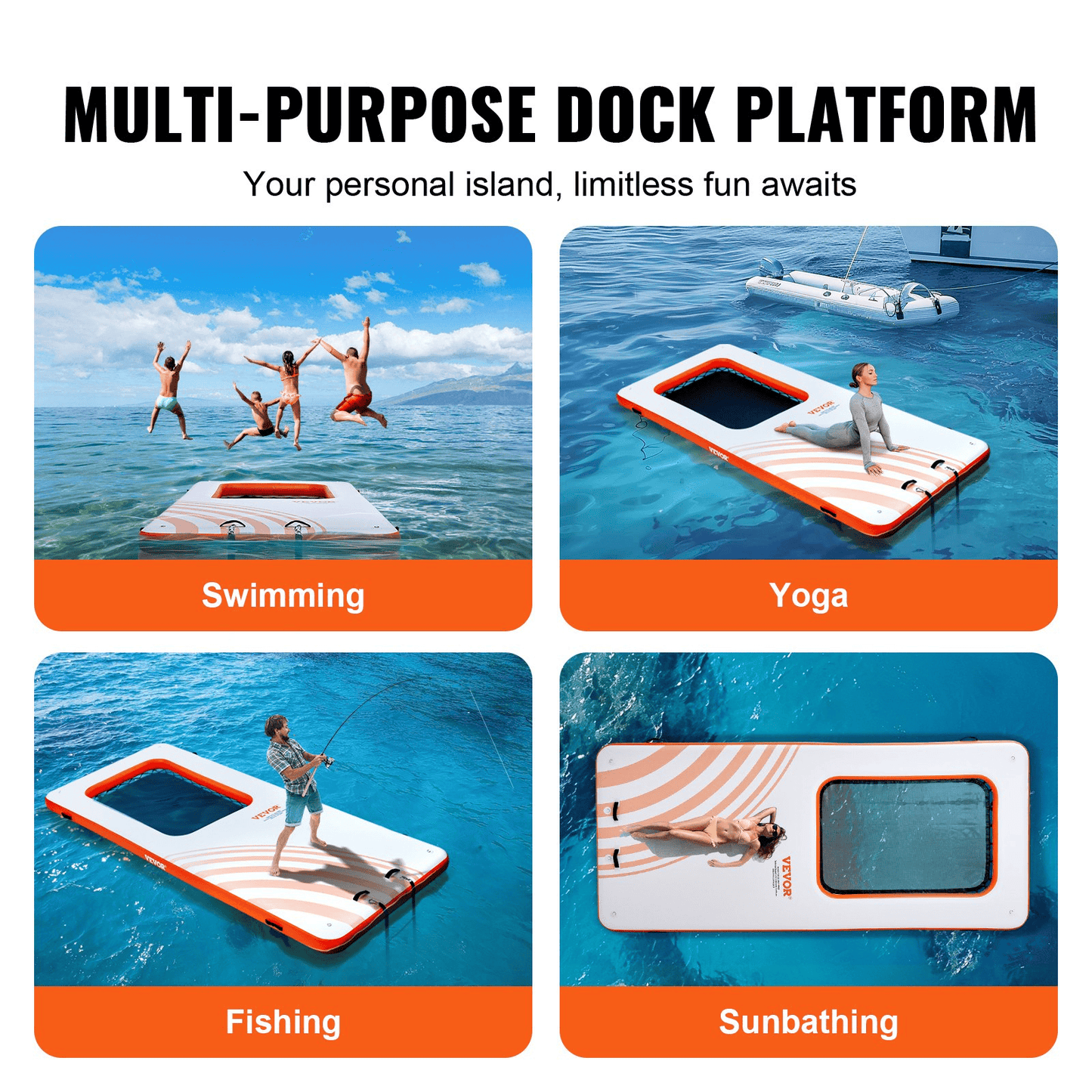 VEVOR Inflatable Floating Dock, 15x6.5FT Inflatable Dock Platform with 4*6FT Trampoline Mesh Pool, Non-Slip Floating Platform Water Mat with Portable Bag & Detachable Ladder for Pool Beach Relaxation