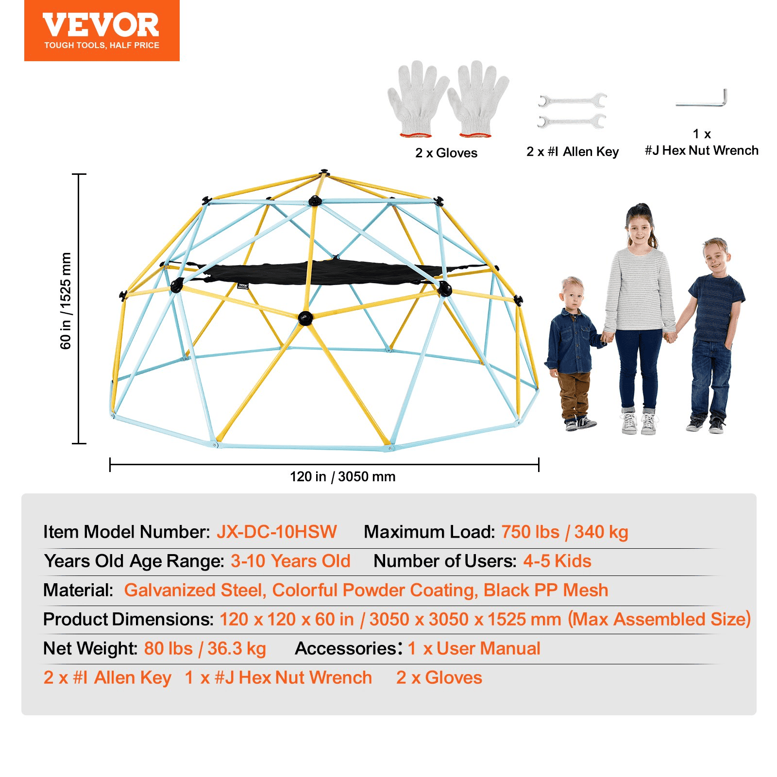 VEVOR Climbing Dome, for Kids 3 to 10 Years Old,10FT Geometric Dome Climber with Hammock and Swing,  Jungle Gym Supports 750LBS and Easy Assembly, with Climbing Grip, Outdoor Backyard Play Equipment