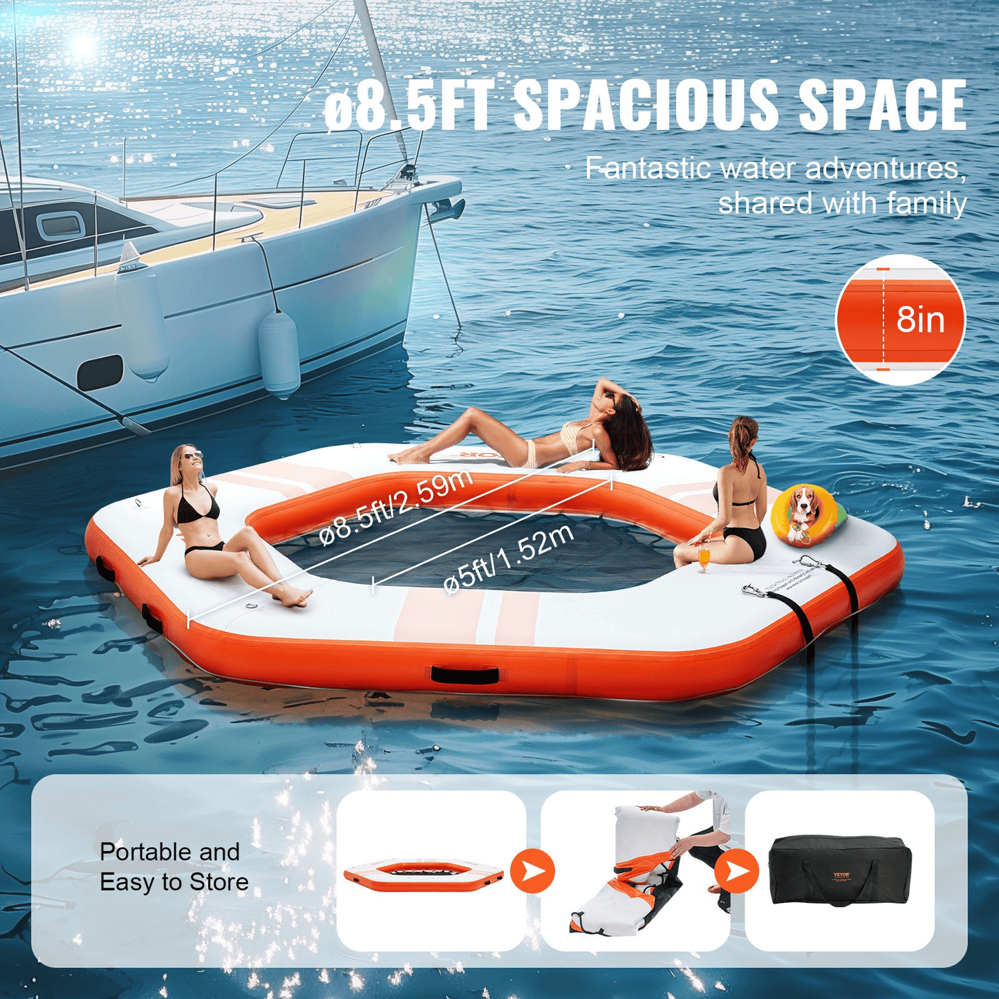 VEVOR Inflatable Floating Dock, ø8.5FT Inflatable Dock Platform with ø5FT Trampoline Mesh Pool, Non-Slip Floating Platform Water Mat with Portable Bag & Detachable Ladder for Pool Beach Relaxation