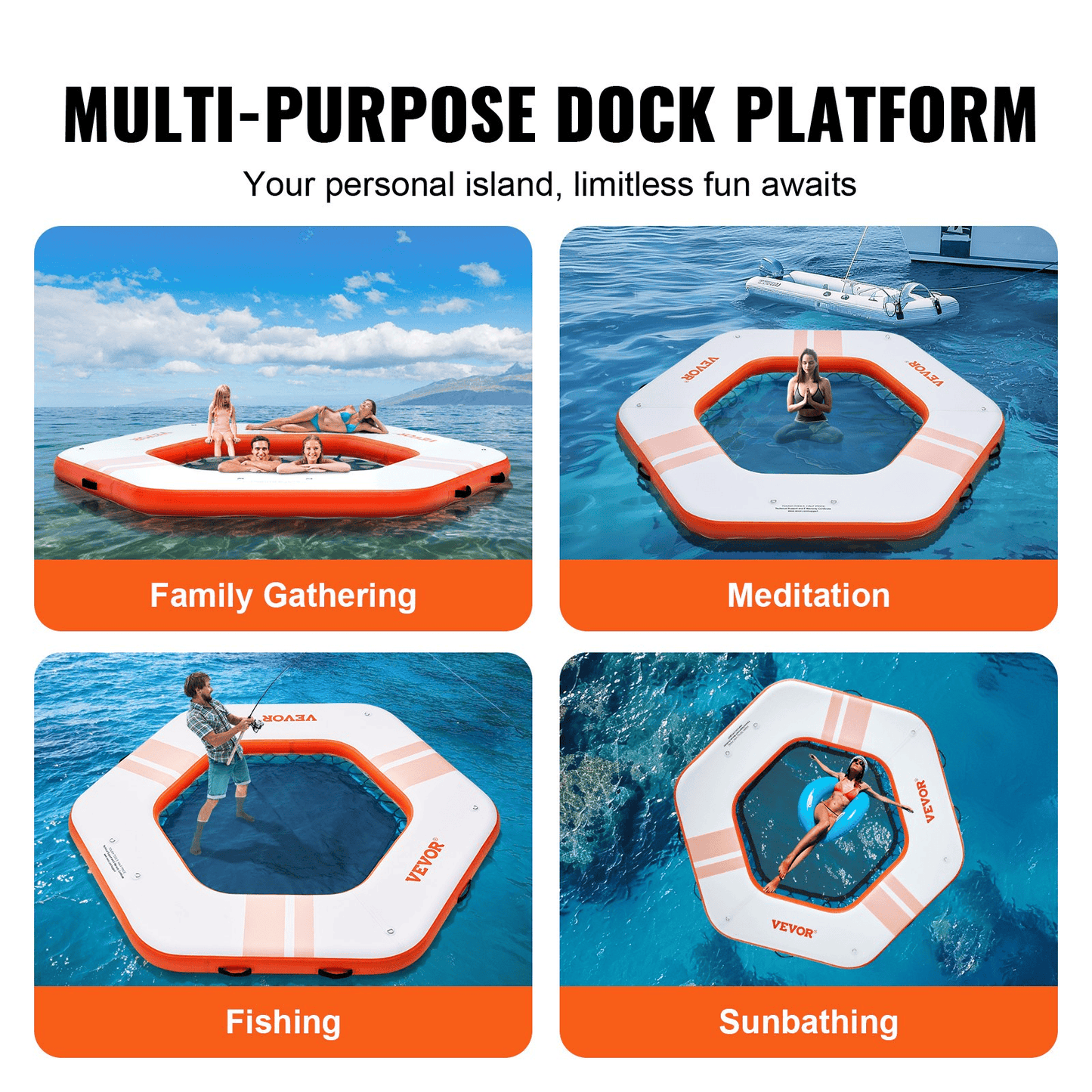 VEVOR Inflatable Floating Dock, ø8.5FT Inflatable Dock Platform with ø5FT Trampoline Mesh Pool, Non-Slip Floating Platform Water Mat with Portable Bag & Detachable Ladder for Pool Beach Relaxation