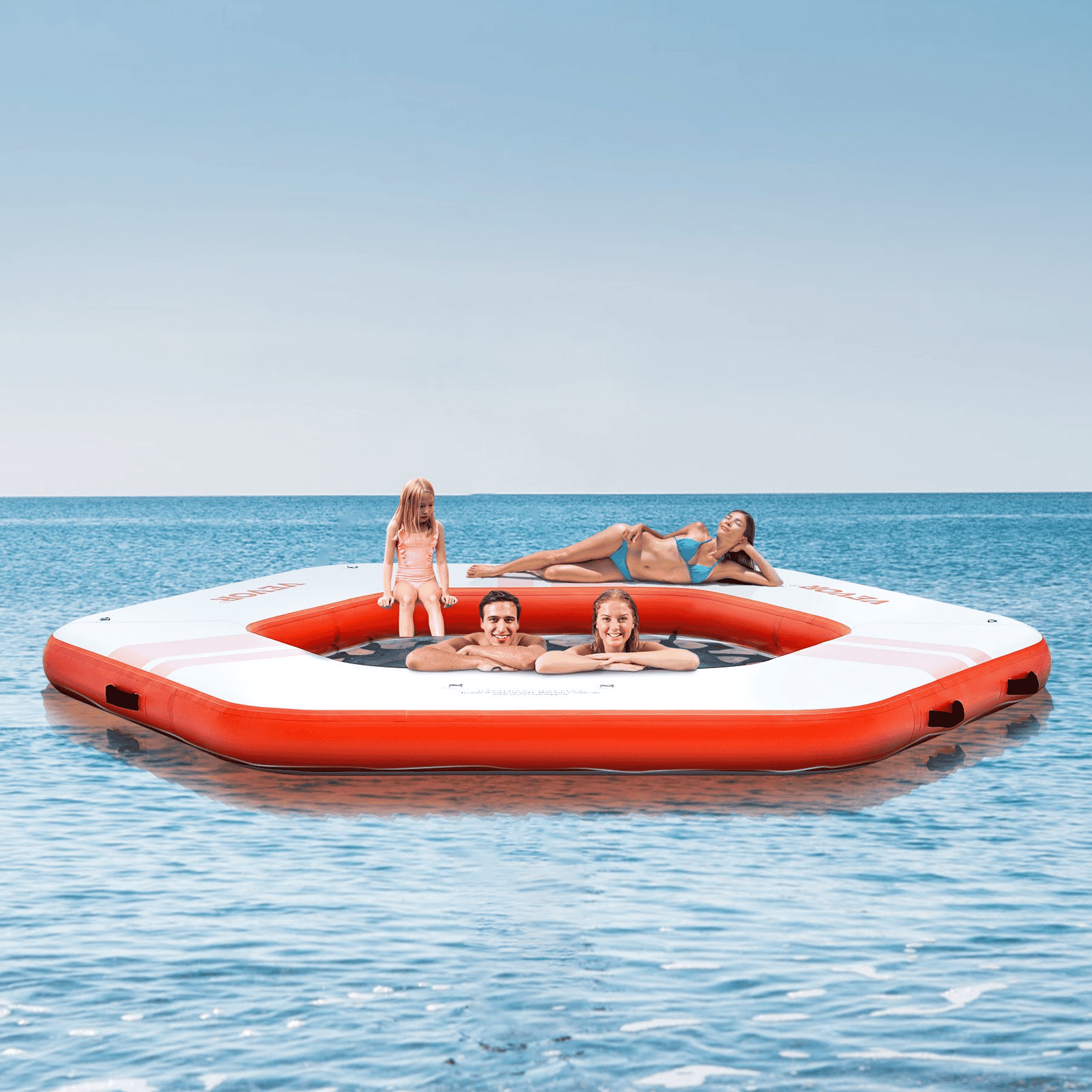 VEVOR Inflatable Floating Dock, ø8.5FT Inflatable Dock Platform with ø5FT Trampoline Mesh Pool, Non-Slip Floating Platform Water Mat with Portable Bag & Detachable Ladder for Pool Beach Relaxation