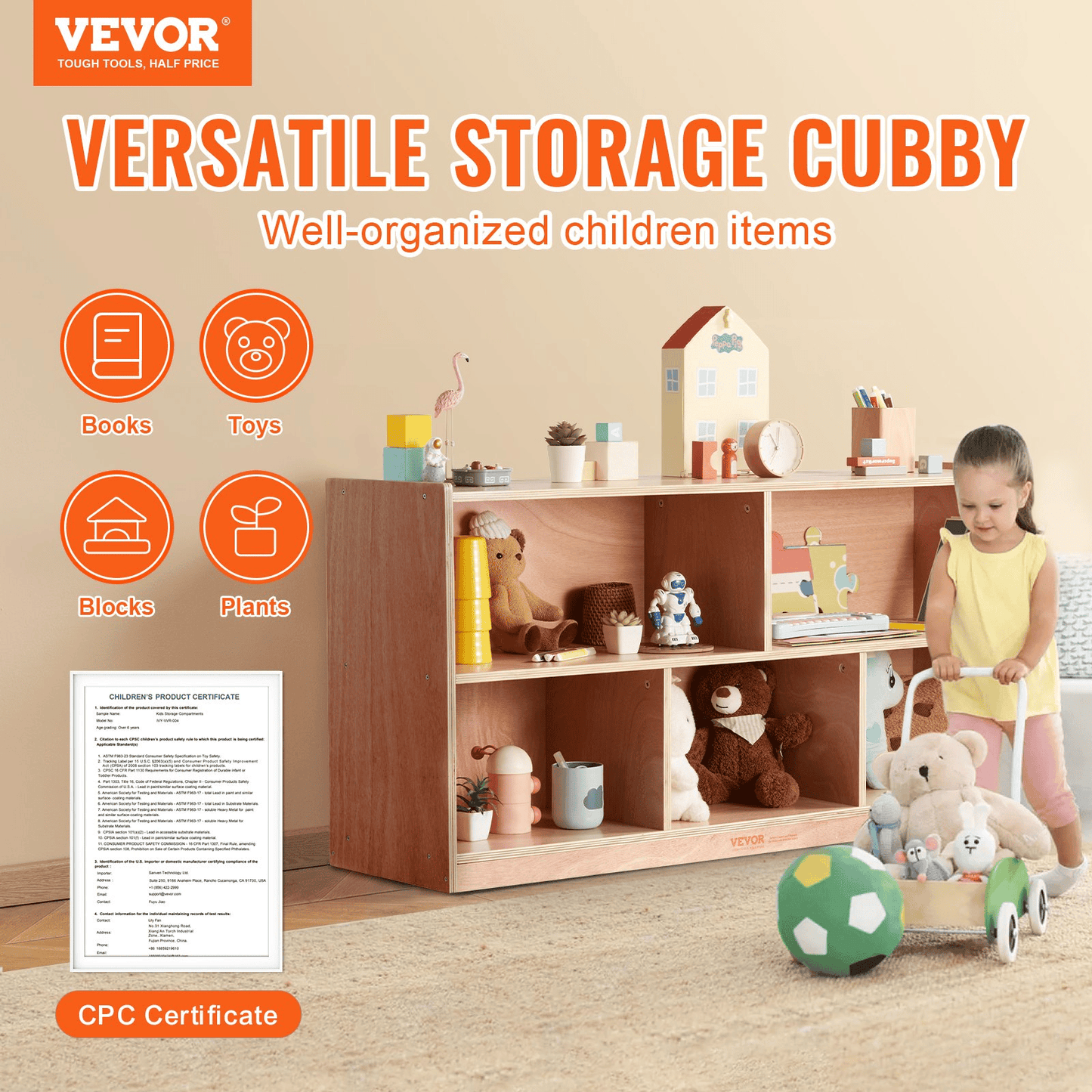 VEVOR Storage Shelf Tray Cabinet 5-Section Cubby Storage 2-Shelf for Home School, Kid Cubby Lockers