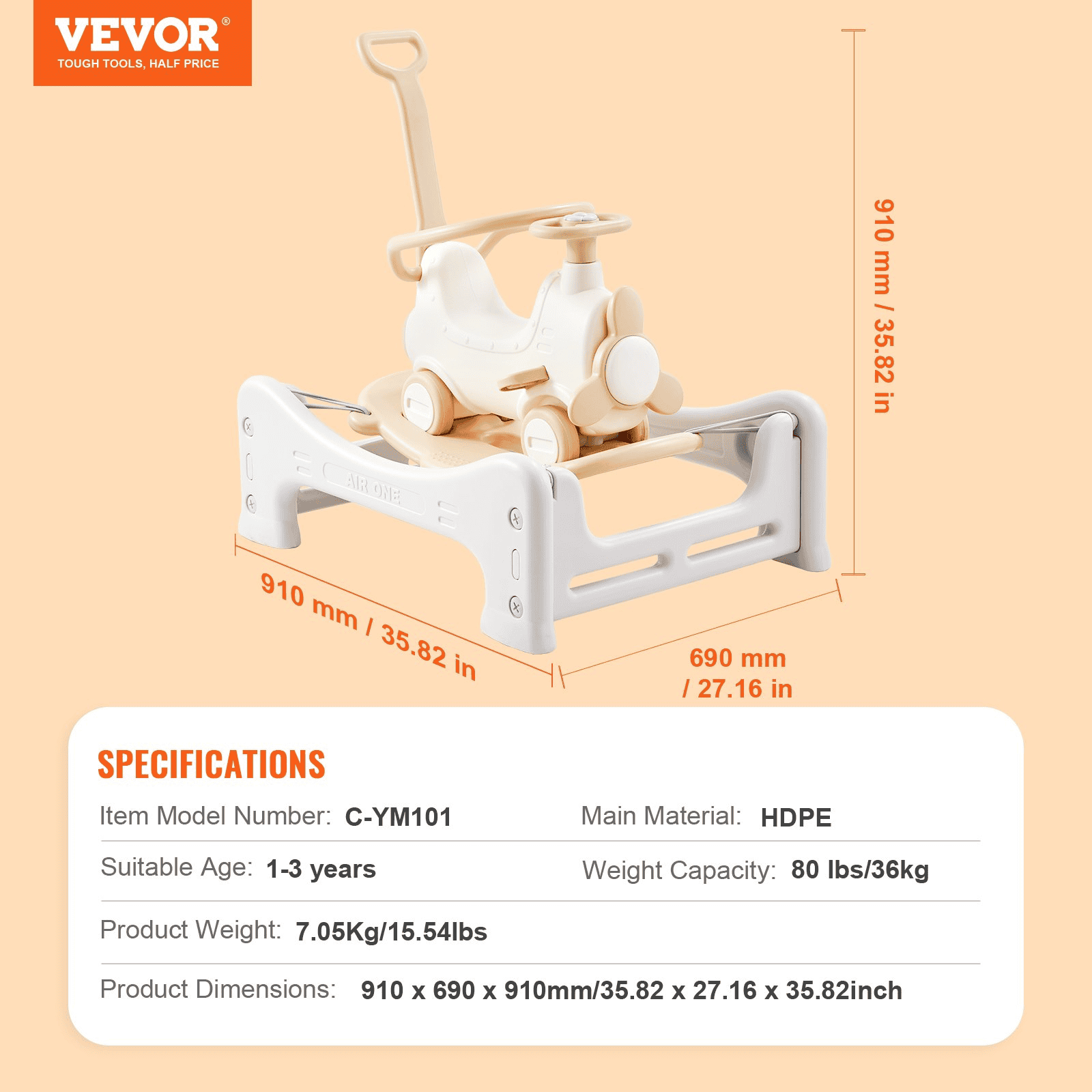 VEVOR 5 in 1 Rocking Horse for Toddlers 1-3 Years Ride on Toy with Trampoline