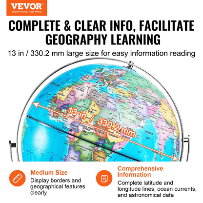 VEVOR Rotating World Globe with Stand, 13 in/330.2 mm, Educational Geographic Globe with Precise Time Zone ABS Material, 720° Spinning Globe for Kids Children Learning Classroom Geography Education