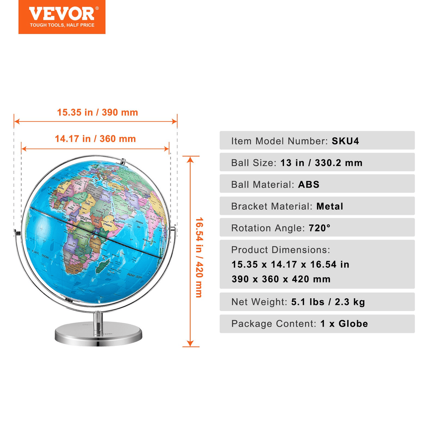 VEVOR Rotating World Globe with Stand, 13 in/330.2 mm, Educational Geographic Globe with Precise Time Zone ABS Material, 720° Spinning Globe for Kids Children Learning Classroom Geography Education