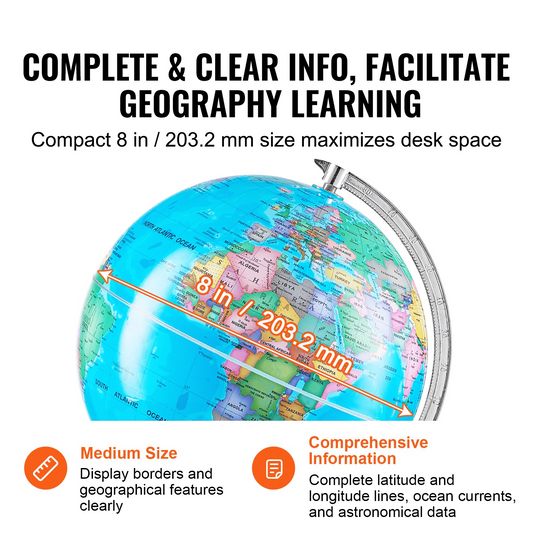 VEVOR Rotating World Globe with Stand, 8 in/203.2 mm, Educational Geographic Globe with Precise Time Zone ABS Material, 360° Spinning Globe for Kids Children Learning Classroom Geography Education