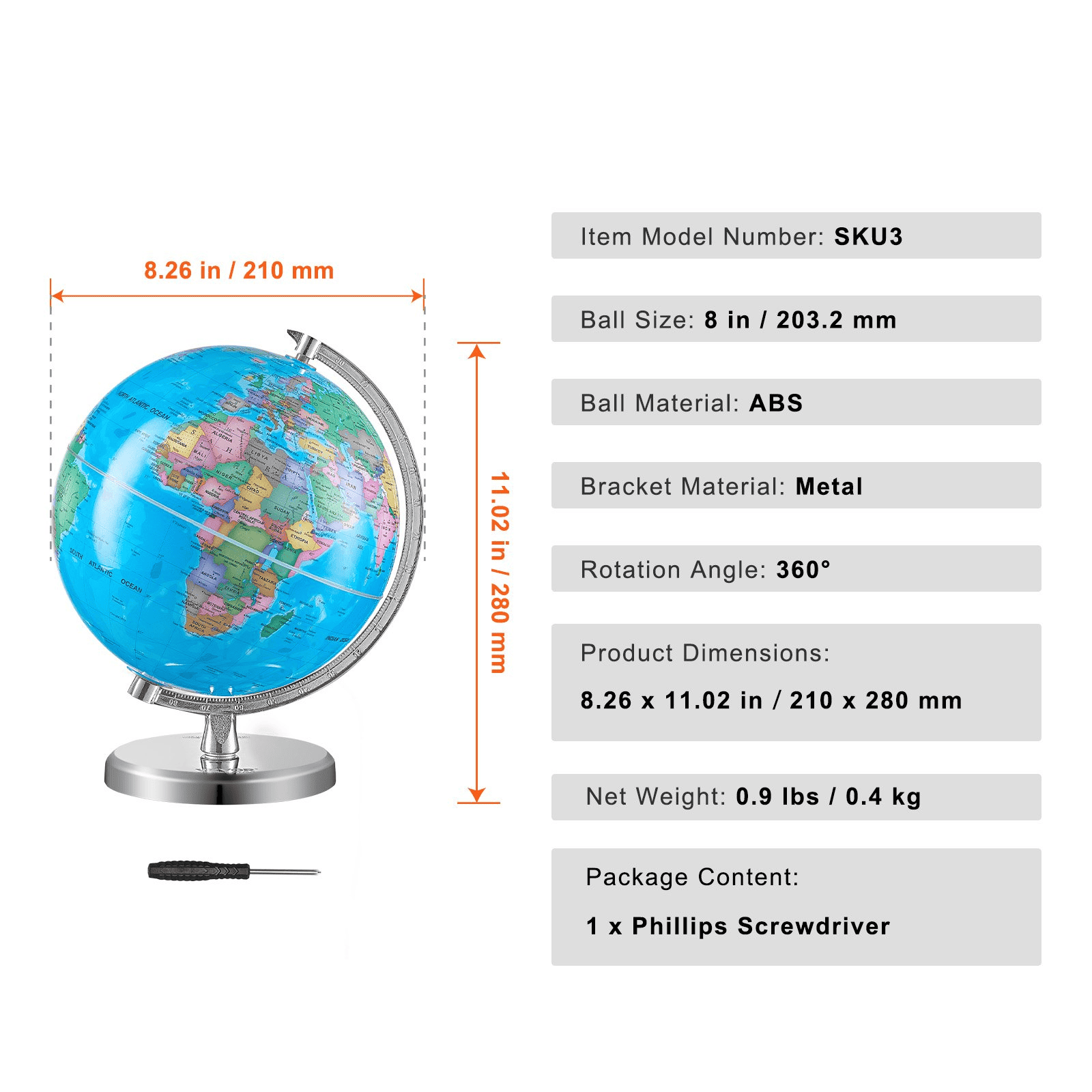 VEVOR Rotating World Globe with Stand, 8 in/203.2 mm, Educational Geographic Globe with Precise Time Zone ABS Material, 360° Spinning Globe for Kids Children Learning Classroom Geography Education