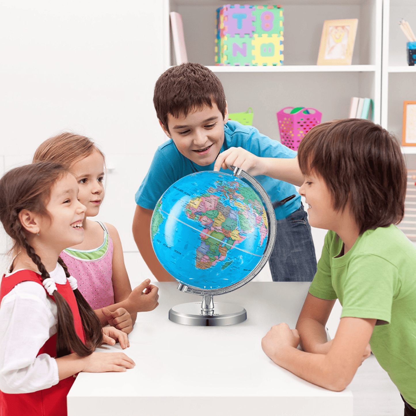 VEVOR Rotating World Globe with Stand, 8 in/203.2 mm, Educational Geographic Globe with Precise Time Zone ABS Material, 360° Spinning Globe for Kids Children Learning Classroom Geography Education