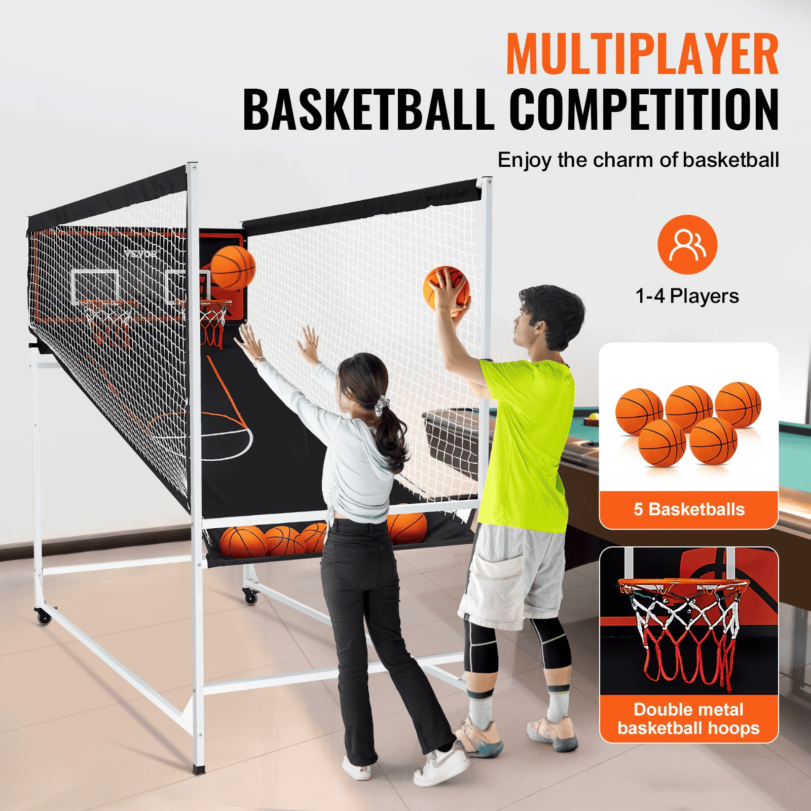 VEVOR Arcade Cage Basketball Game, 2 Player Indoor Basketball Game, Home Dual Shot Sport with 5 Balls, 8 Game Modes, Electronic Scoreboard, and Inflation Pump, for Kids, Adults (Black & White)