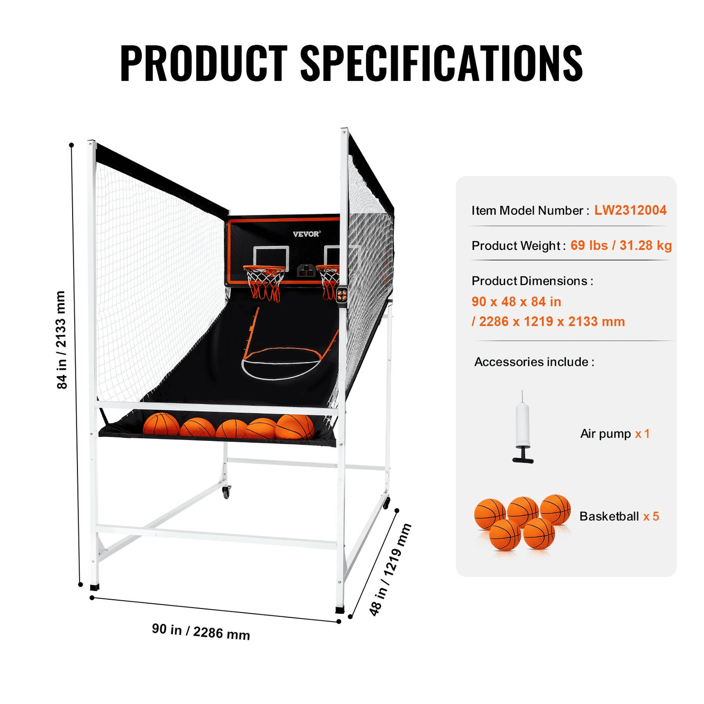 VEVOR Arcade Cage Basketball Game, 2 Player Indoor Basketball Game, Home Dual Shot Sport with 5 Balls, 8 Game Modes, Electronic Scoreboard, and Inflation Pump, for Kids, Adults (Black & White)