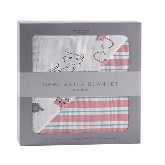 Playful Kitty and Candy Stripe Bamboo Muslin Newcastle Blanket