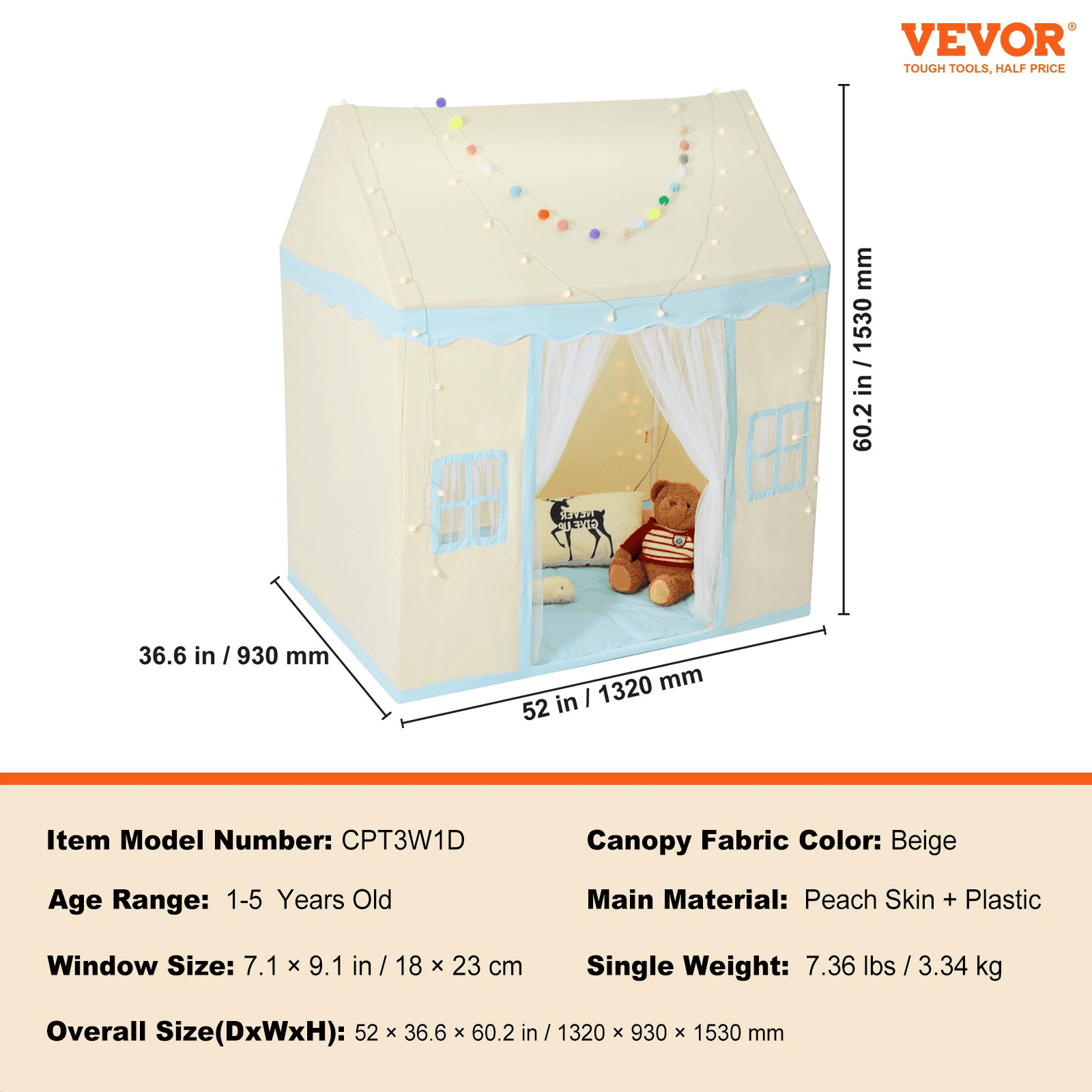 VEVOR Kids Play Tent, Kids Tent for Kids 1-5 Years Old, Toddler Tent with Mat and Tent Lamp, Tent for Kids with Windows for Indoor and Outdoor, Play House Castle Tent for Boys and Girls, Beige