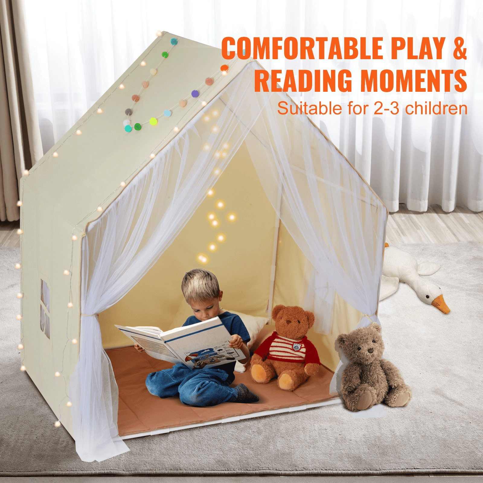 Kids Play Tent, Kids Tent for Kids 1-5 Years Old, Toddler Tent with Mat and Tent Lamp, Tent for Kids with Windows for Indoor and Outdoor, Yurt Tent for Boys and Girls, Beige