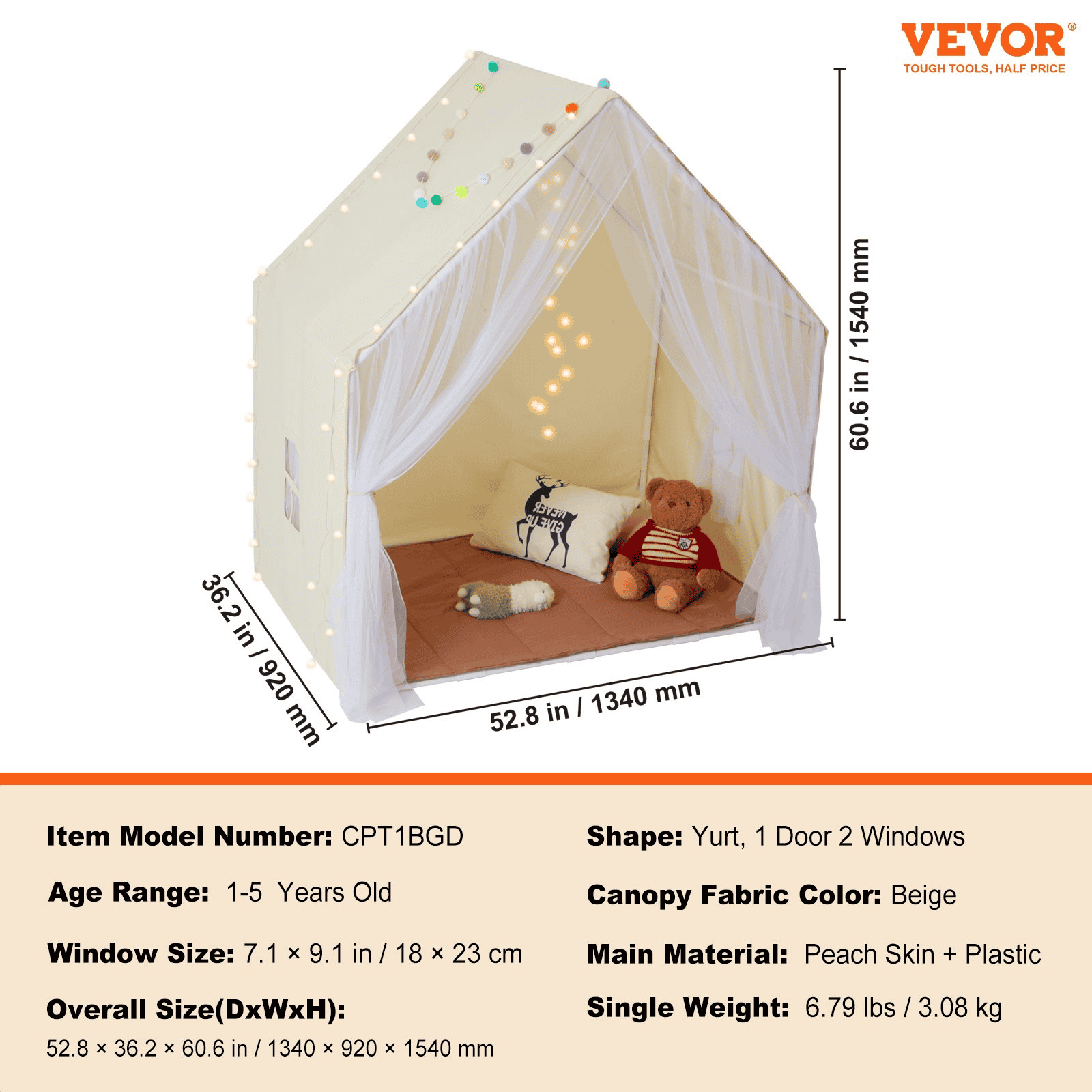 Kids Play Tent, Kids Tent for Kids 1-5 Years Old, Toddler Tent with Mat and Tent Lamp, Tent for Kids with Windows for Indoor and Outdoor, Yurt Tent for Boys and Girls, Beige