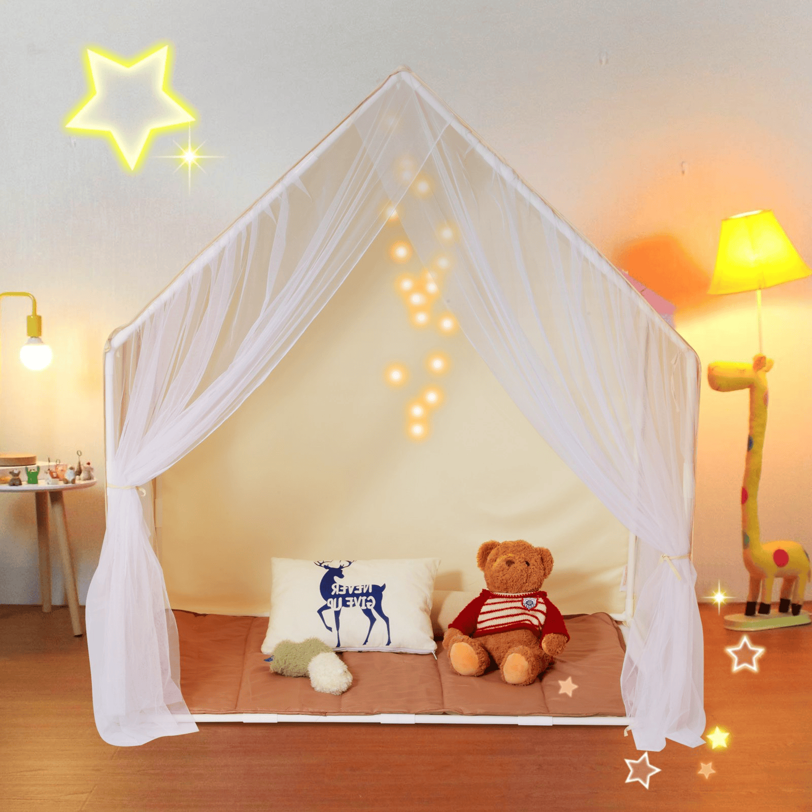 Kids Play Tent, Kids Tent for Kids 1-5 Years Old, Toddler Tent with Mat and Tent Lamp, Tent for Kids with Windows for Indoor and Outdoor, Yurt Tent for Boys and Girls, Beige