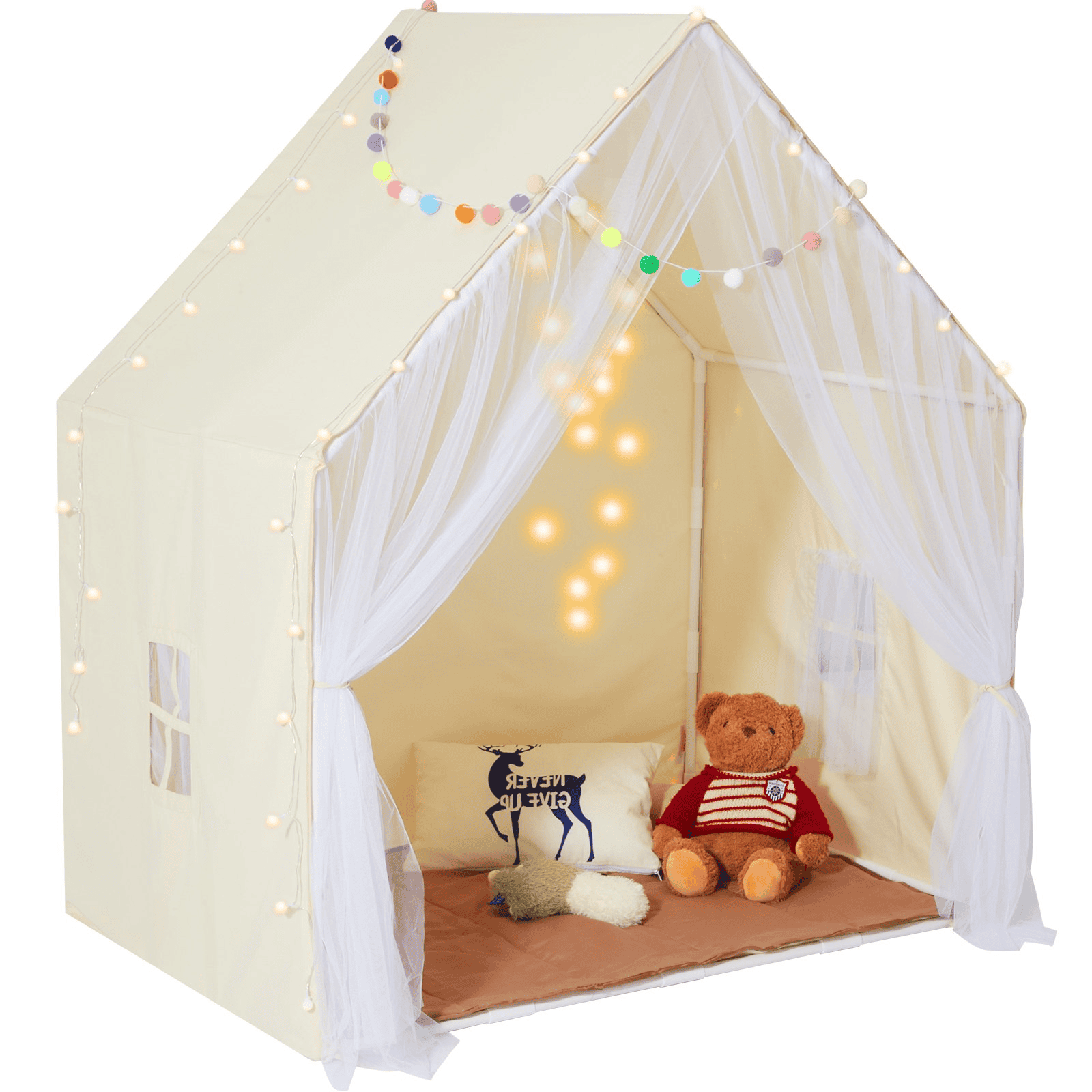 Kids Play Tent, Kids Tent for Kids 1-5 Years Old, Toddler Tent with Mat and Tent Lamp, Tent for Kids with Windows for Indoor and Outdoor, Yurt Tent for Boys and Girls, Beige