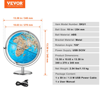 VEVOR Educational Globe for Kids, 10 in/254 mm, Interactive AR World Globe with AR Golden Globe APP LED Night Lighting 720° Rotation, STEM Toy Gifts for Kids Compatible with Android or iOS Devices