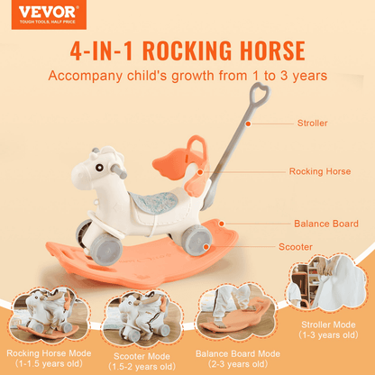 4 in 1 Rocking Horse for Toddlers 1-3 Years, Baby Rocking Horse with Detachable Balance Board, Push Handle and 4 Smooth Wheels, Support up to HDPE 80 lbs Kids Ride on Toy with Sound, Red